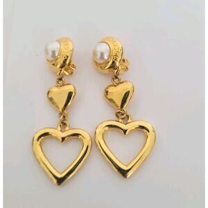 Vintage Moschino Milano Gold Dangle Heart Clip-On Earrings Pearl Logo Statement